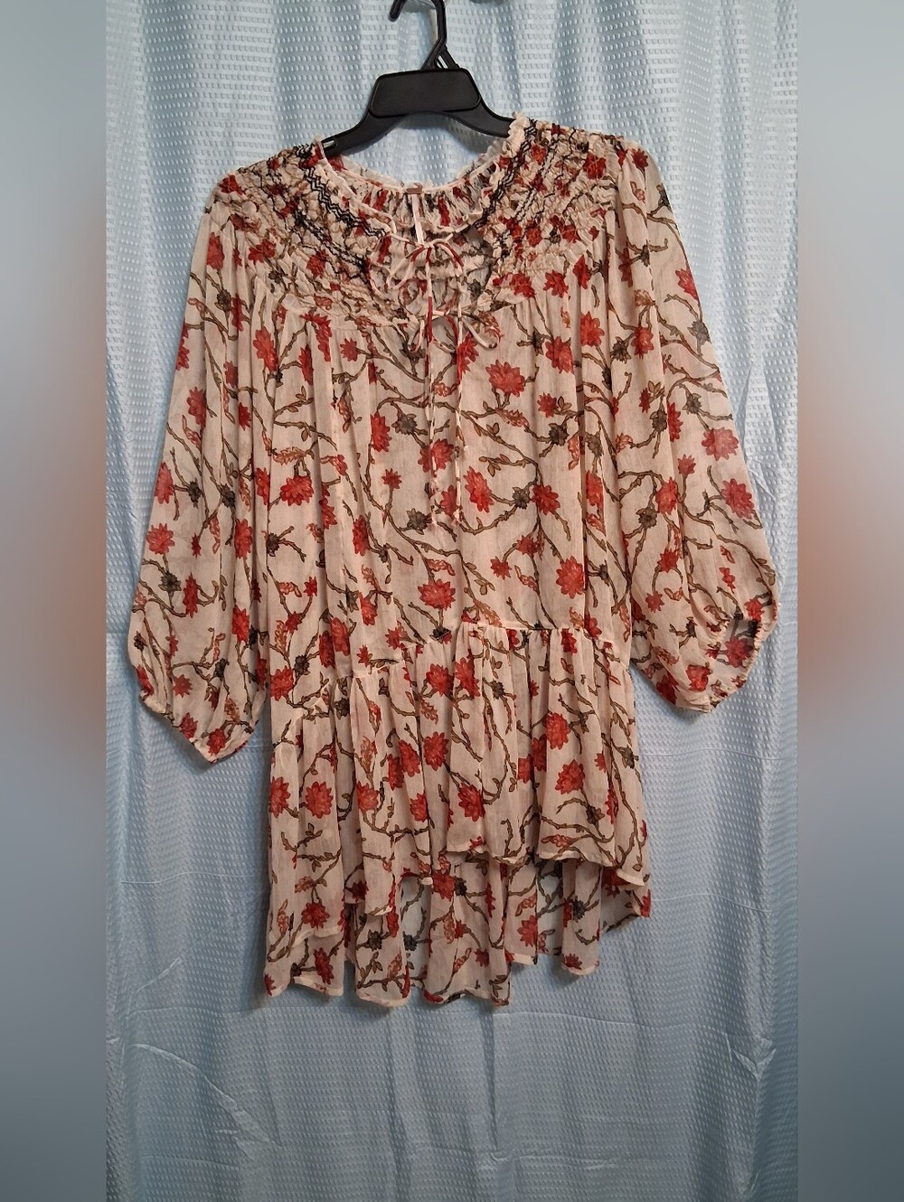 Free People Keeping Up With Kara Sheer Floral Tunic Boho Top, Red Floral Print